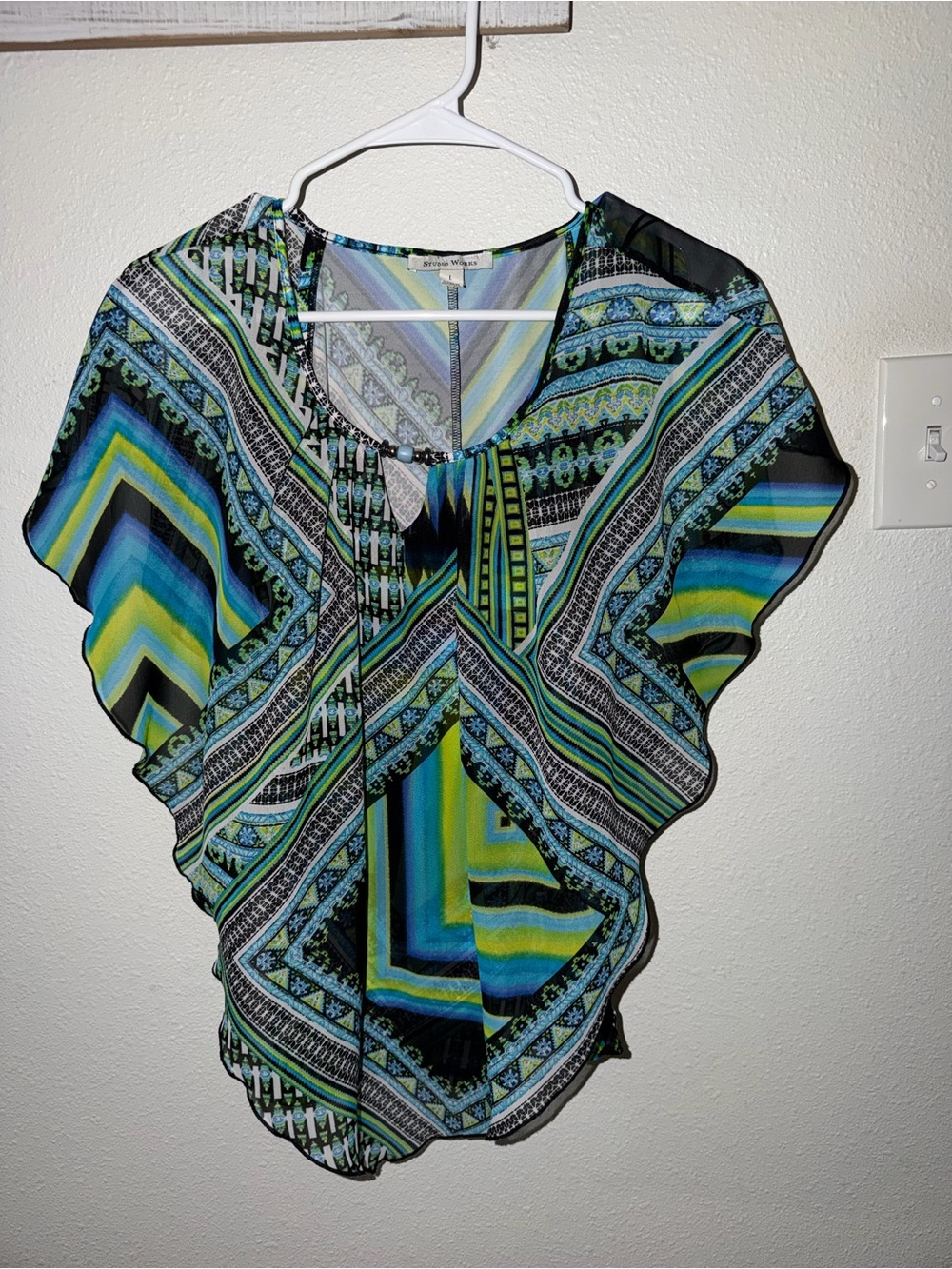 Studio Works Blue, Green & Black Patterned Flutter-Sleeve Top w/attached Tank